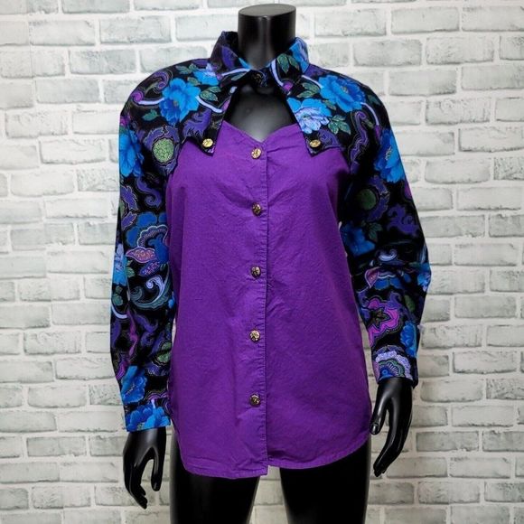 Vintage 80s Kayo of California Floral‎ Western Button Up Shirt Cutout Mock Neck - Picture 1 of 8